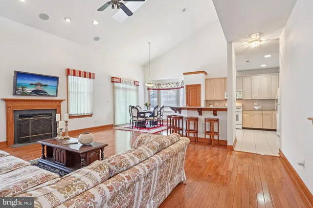 a living room with furniture wooden floor and a fireplace