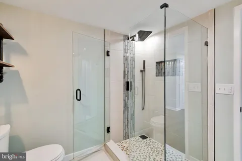 a bathroom with a shower and a toilet