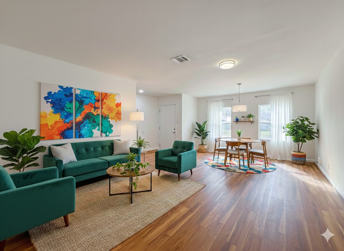 a living room with furniture a wooden floor and a potted plant