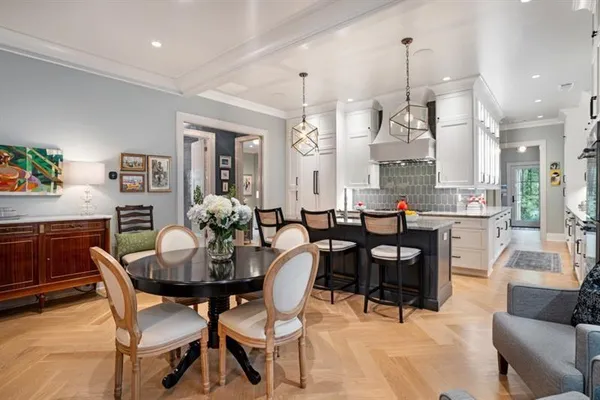 a view of a dining room with furniture