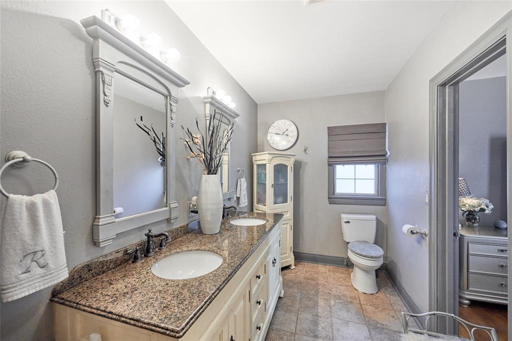 811 West Main Street Olney, TX 76374 - Photo 26 of 40 a bathroom with a granite countertop sink a toilet and a mirror