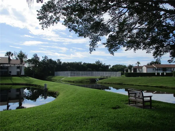 a view of a park with large trees