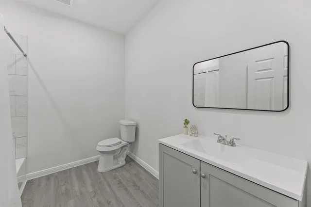 a bathroom with a sink a toilet and mirror