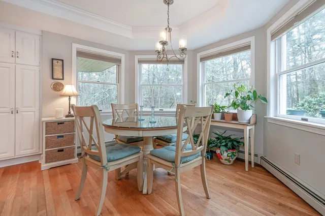 a view of a dining room with furniture window and wooden floor