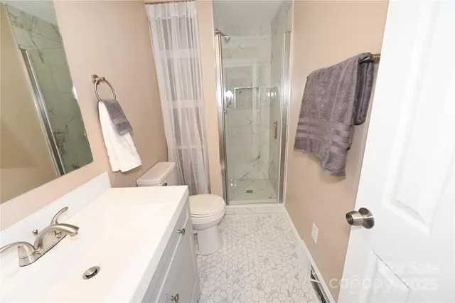 a bathroom with a sink a toilet and shower