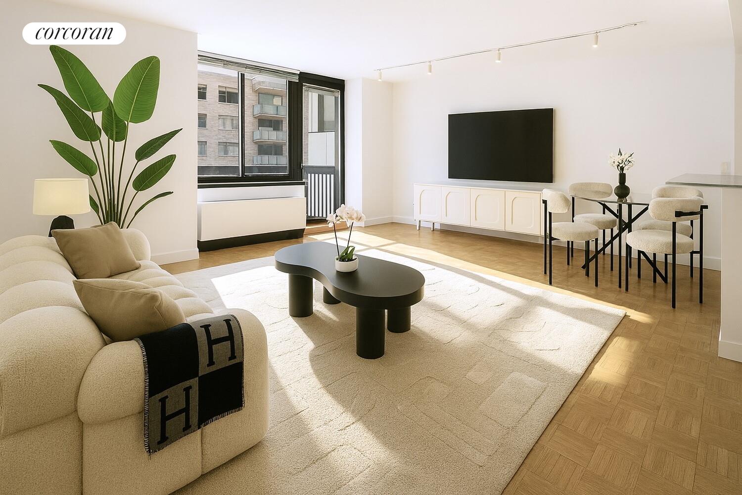 250 East 40th Street, Unit 17F Manhattan, NY 10016 - Photo 1 of 16 a living room with furniture and a flat screen tv