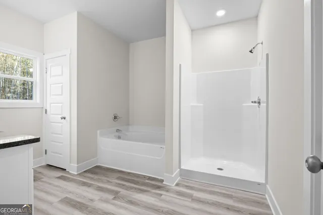 a bathroom with a bathtub and a shower