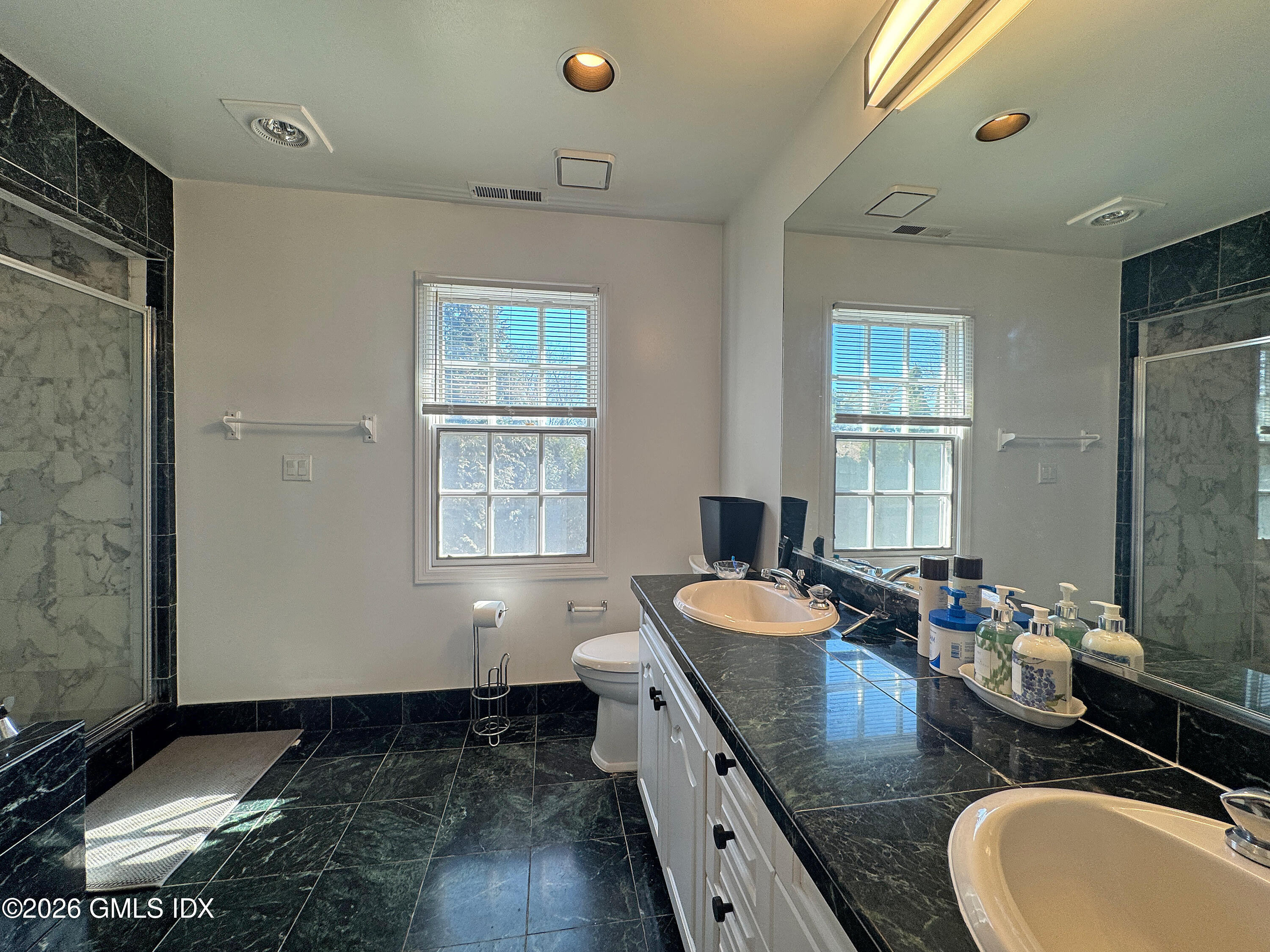 28 Home Place, Unit A2 Greenwich, CT 06830 - Photo 15 of 28 a bathroom with a granite countertop sink a toilet a mirror and window