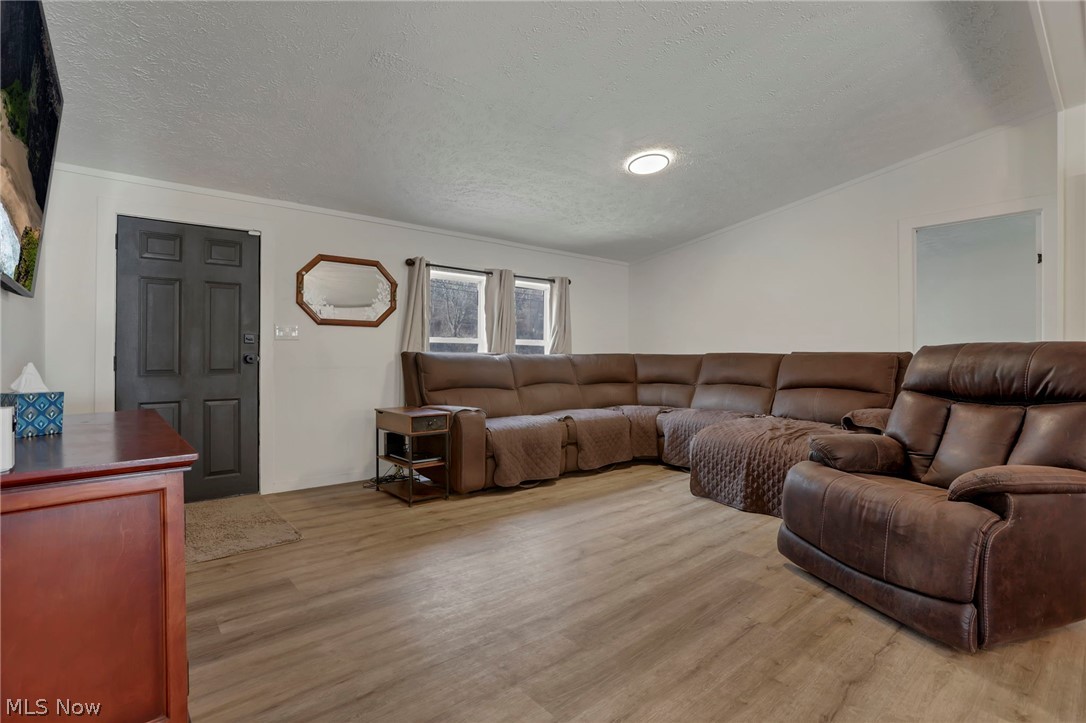 3750 Cannelville Road Roseville, OH 43777 - Photo 2 of 33 Living room with a textured ceiling, light wood-style floors, and crown molding
