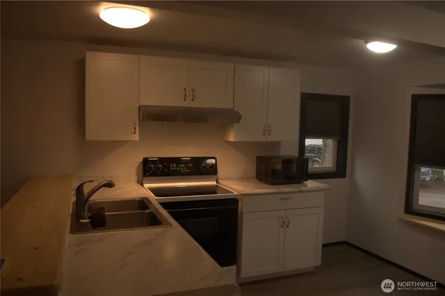 a kitchen with a sink stainless steel appliances and cabinets