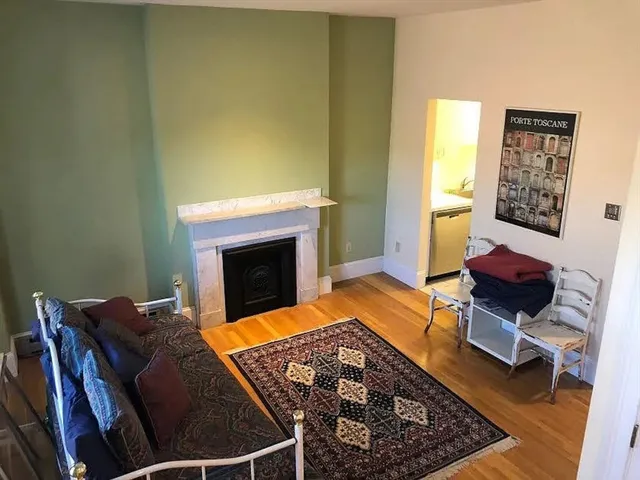 a living room with a couch and a fireplace
