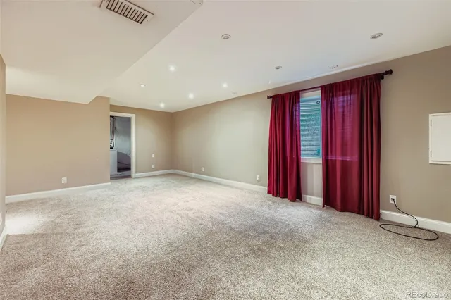 a view of a room with red walls