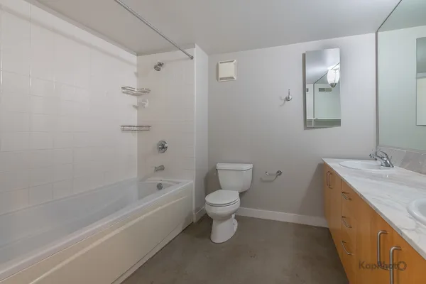 a bathroom with a bathtub toilet sink vanity and mirror