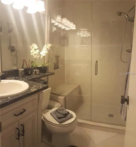 a bathroom with a granite countertop sink a toilet and shower