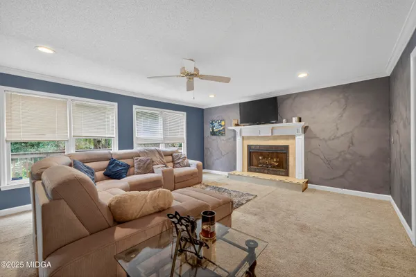 a living room with furniture and a fireplace