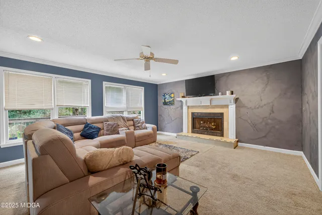 a living room with furniture and a fireplace