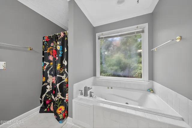 a bathroom with a bathtub and a shower