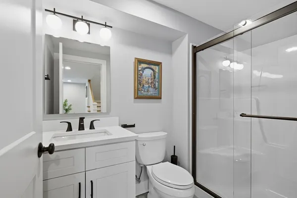 a bathroom with a toilet a sink a mirror a vanity and shower
