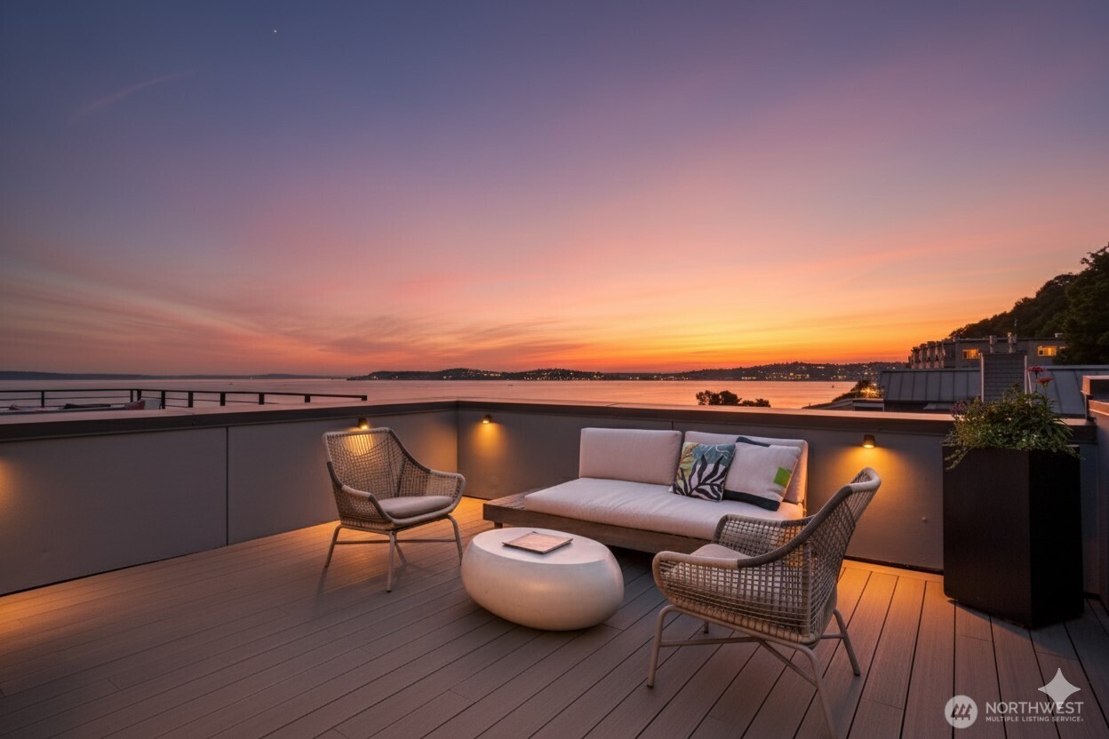 a terrace with outdoor seating and city view