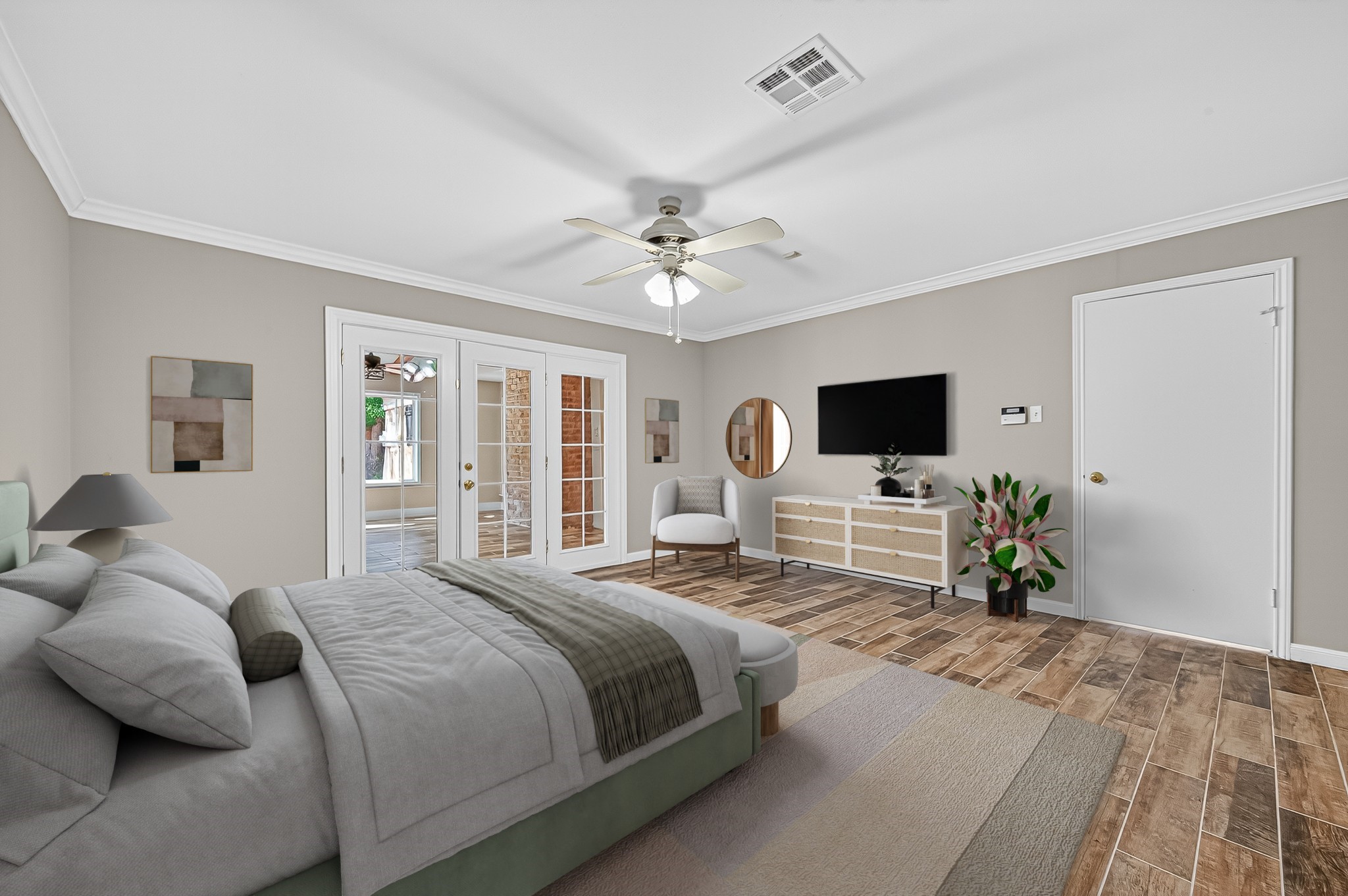 13903 Chevy Chase Drive Houston, TX 77077 - Photo 28 of 48 a bedroom with a bed large window and a flat screen tv