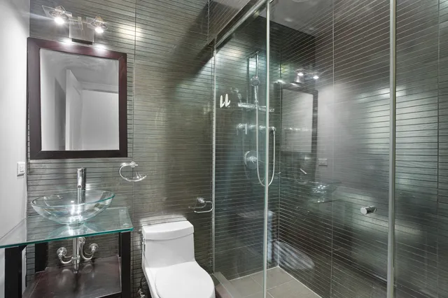 a bathroom with a toilet and a shower