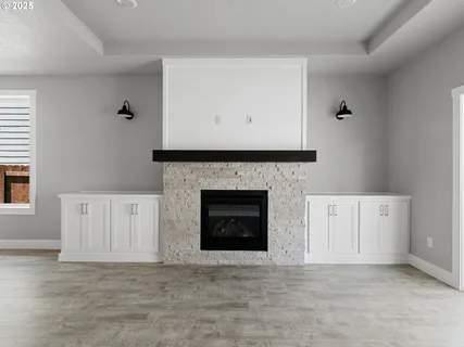 a living room with a fireplace