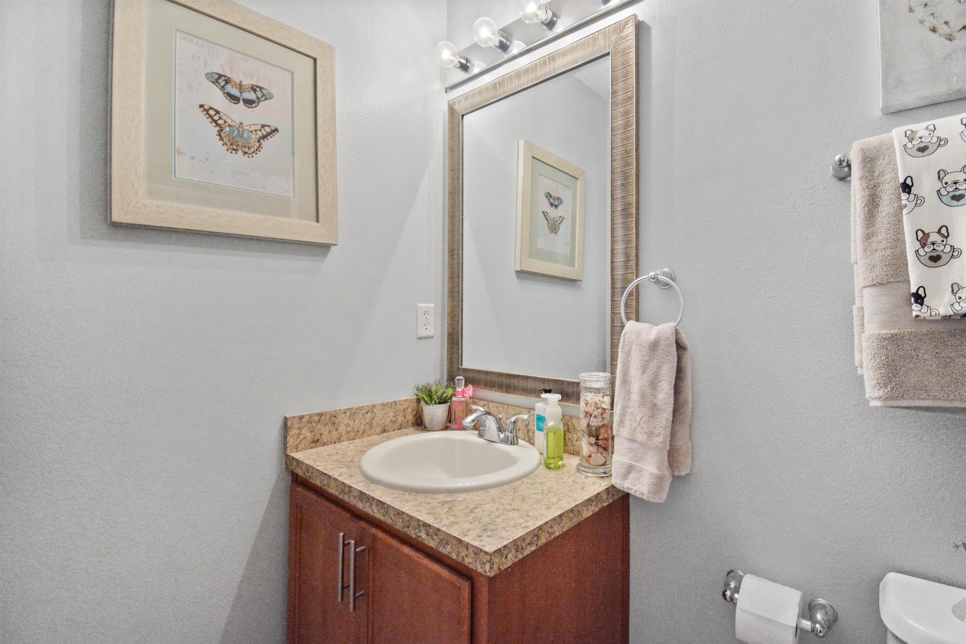279 Buck Run Way St. Augustine, FL 32092 - Photo 22 of 28 a bathroom with a granite countertop sink and a mirror