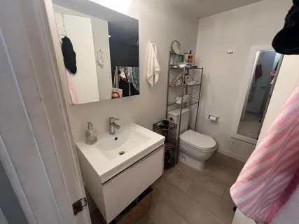 a bathroom with a sink a toilet and shower