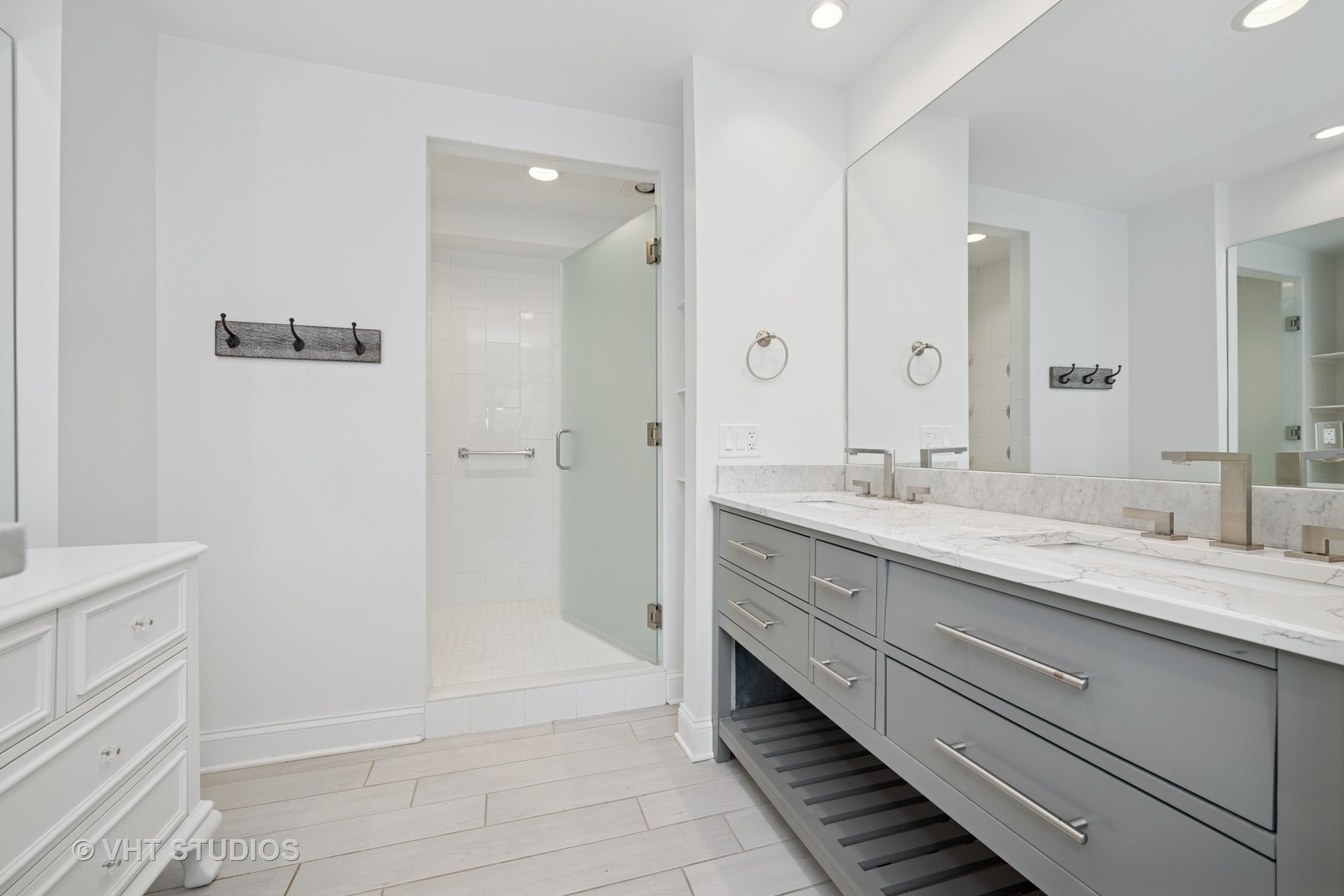 153 Algonquin Road Barrington Hills, IL 60010 - Photo 24 of 95 a spacious bathroom with a granite countertop sink a mirror and a shower
