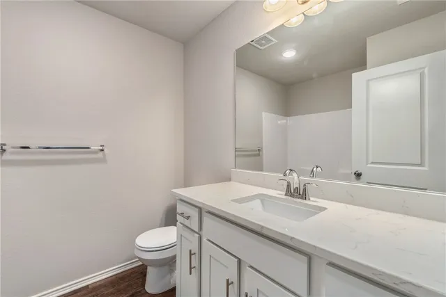 a bathroom with a sink a toilet a mirror and vanity