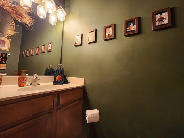 a bathroom with a sink mirror and vanity