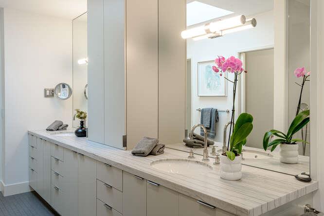 747 Bromfield Road Hillsborough, CA 94010 - Photo 33 of 76 a bathroom with a granite countertop sink a potted plant and a mirror