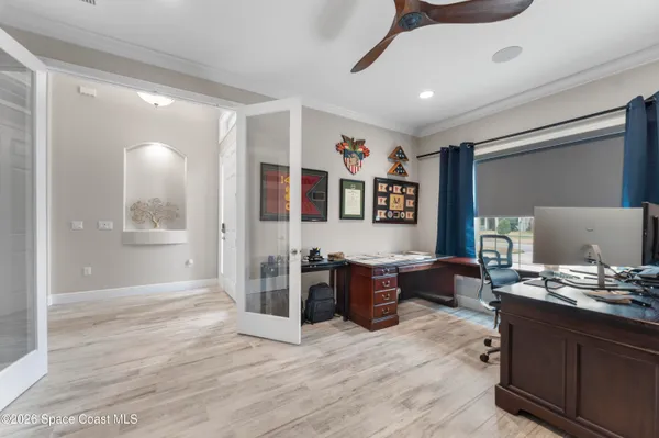 a workspace with wooden floor
