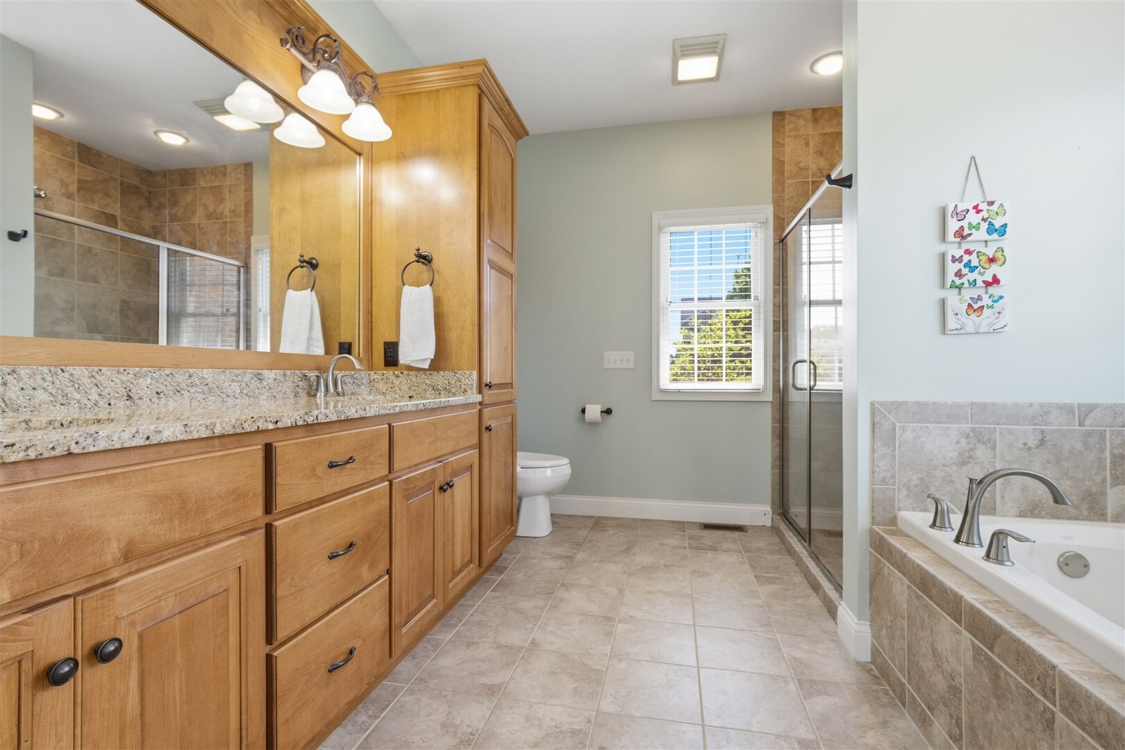 1248 Talon Lane Forsyth, IL 62535 - Photo 42 of 67 a spacious bathroom with a granite countertop sink a toilet a mirror and vanity