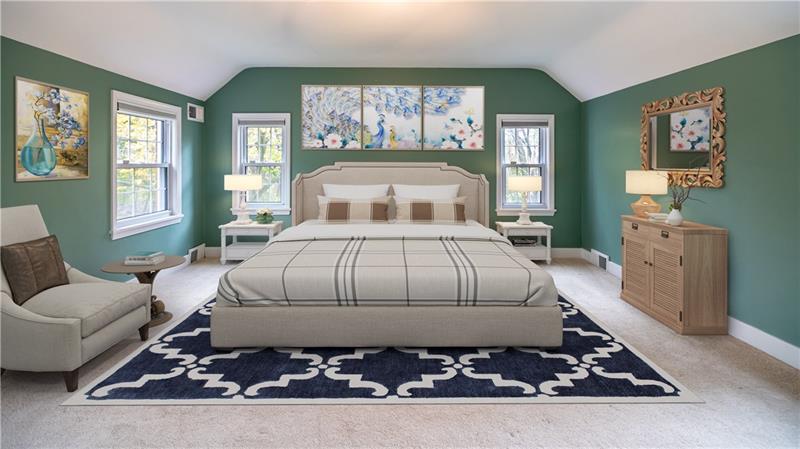 4578 Middle Road Allison Park, PA 15101 - Photo 14 of 25 VIRTUALLY STAGED PHOTO. The spacious master bedroom with a volume ceiling, a walk-in closet and full bath with a large vanity and shower.