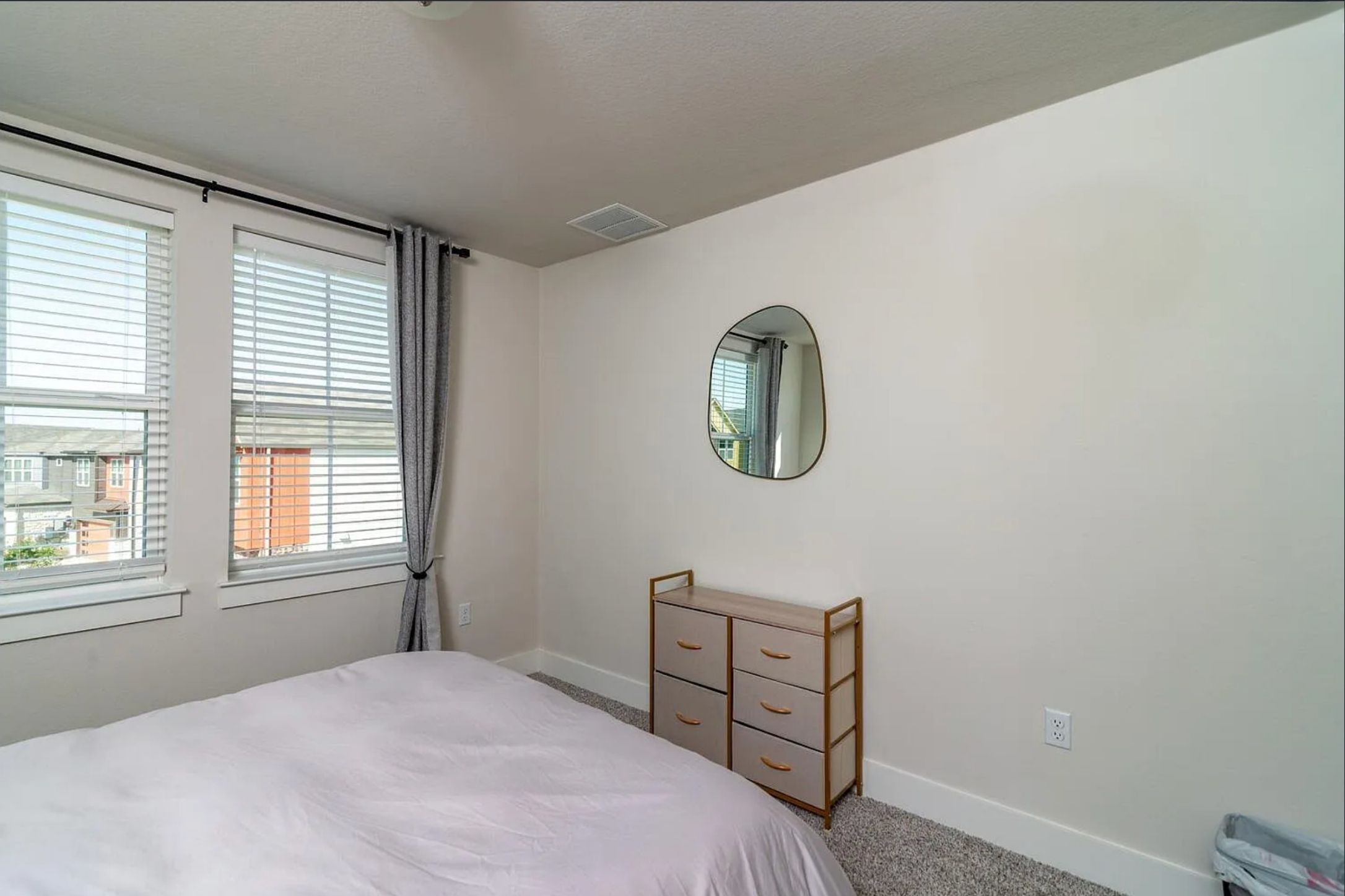 7501 Travertine Spring Drive Austin, TX 78744 - Photo 20 of 28 Bedroom featuring two large windows with blinds, light gray wall-to-wall carpeting, and neutral wall paint