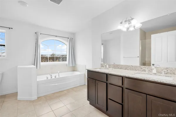 a bathroom with a tub sink and mirror