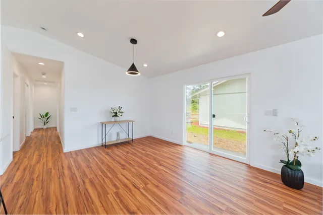 a view of a room with wooden floor and a potted plant
