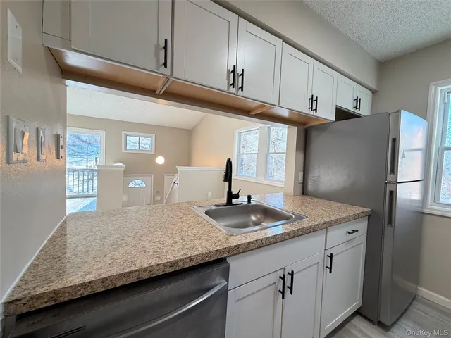 a kitchen with stainless steel appliances granite countertop a sink refrigerator and cabinets