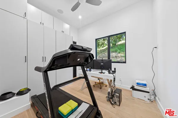 a garden view with a seating space