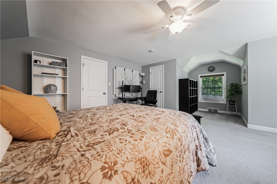 3684 Fenley Road Cleveland Heights, OH 44121 - Photo 16 of 38 Bedroom featuring carpet flooring, vaulted ceiling, and a ceiling fan