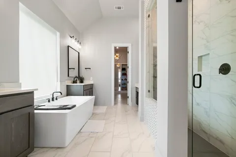 a bathroom with a double vanity sink a mirror and shower