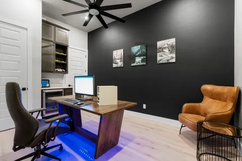 a workspace with furniture