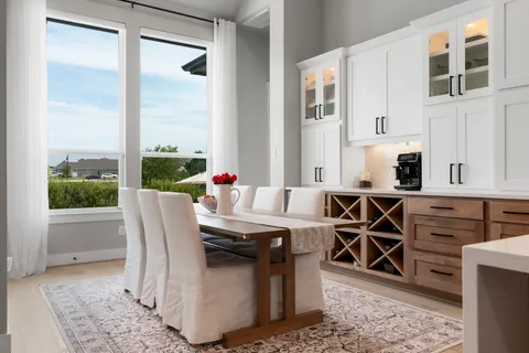 a outdoor dining space with furniture