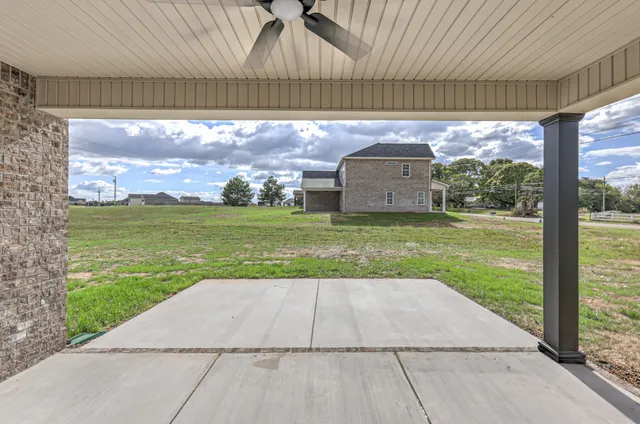 a view of a field with a big yard and a large tree