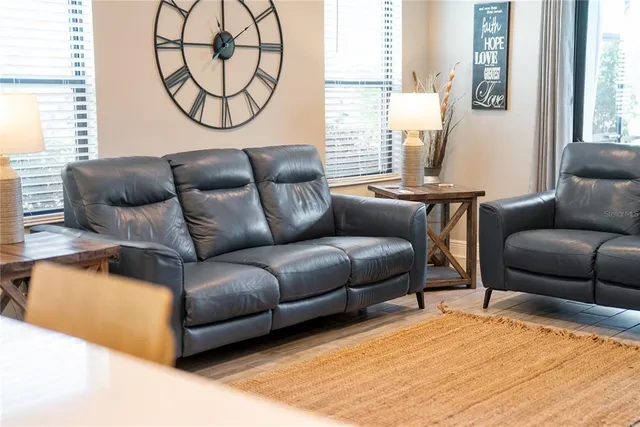 a top view of a dining room with furniture