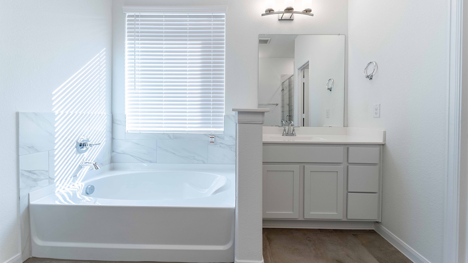 251 Grey Leaf Road Buda, TX 78610 - Photo 11 of 17 Full bathroom featuring vanity, a garden tub, and light wood finished floors
