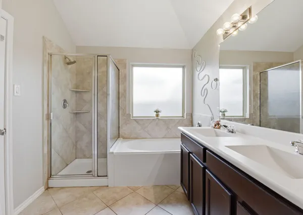 a bathroom with a tub sink shower and a mirror