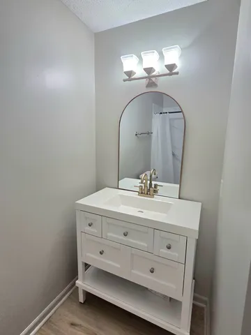 a bathroom with a sink mirror and vanity