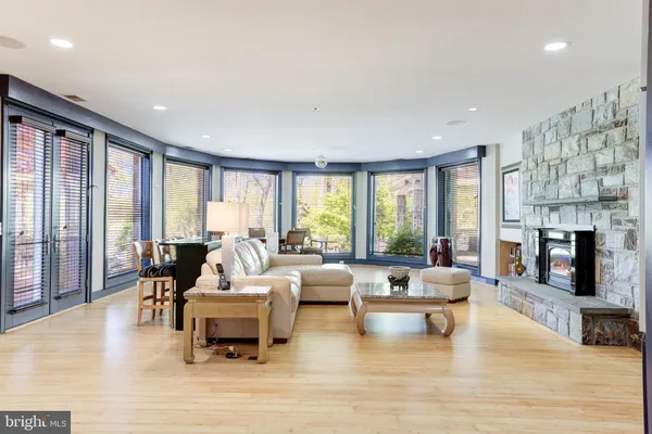 a view of a living room with a large window